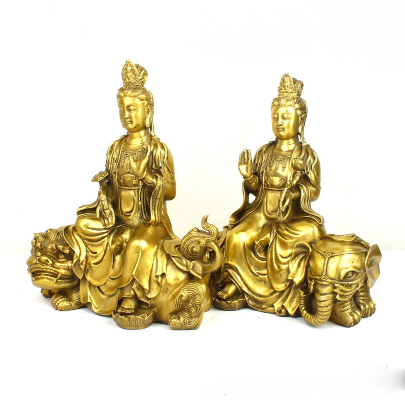 Art Craft Lion - พระพุทธรูปมัญชุศรีสมันตภัทรพร้อมสิงโตเขียวและช้างขาว ของตกแต่งบ้าน งานฝีมือโลหะทองเหลือง