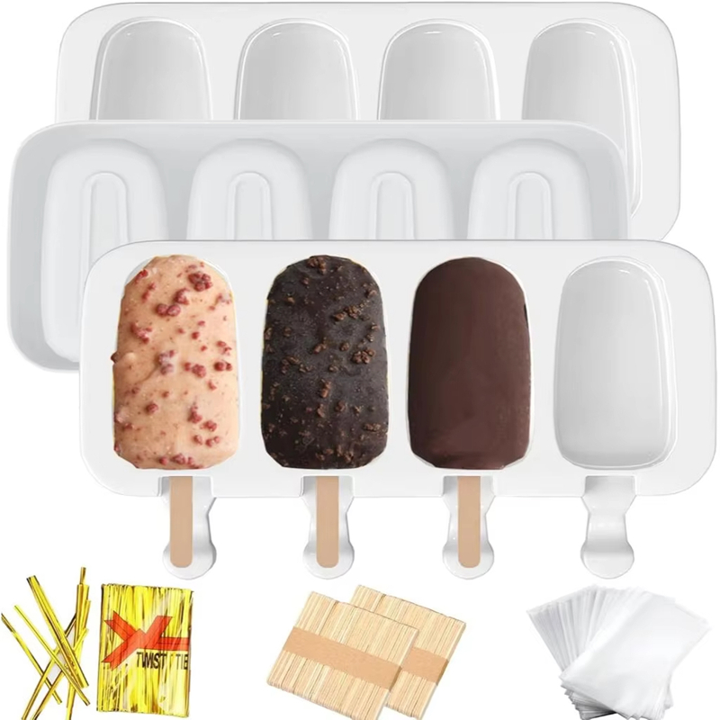 Art Craft Ice Cream - ชุดแม่พิมพ์ไอศกรีมซิลิโคนขนาดใหญ่ 4 ชิ้น, แม่พิมพ์เค้กป๊อปและไอศกรีมแท่งรูปวงรี 4 ช่อง,