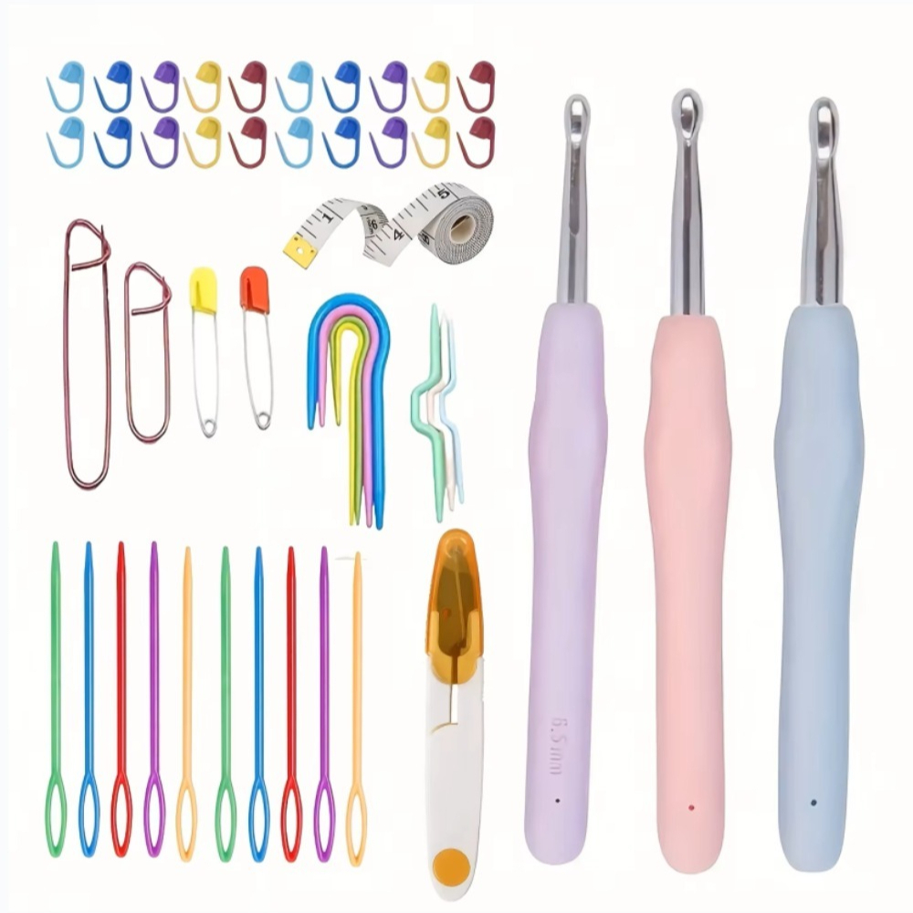 Crochet Hook Set - ชุดเข็มโครเชต์ตามหลักสรีรศาสตร์ ขนาดใหญ่ พร้อมเข็มถักไหมพรม ชุดอุปกรณ์พร้อมเครื่องมือวัดระยะ เข็มทำเครื่องหมายจุดเย็บ และอุปกรณ์เย็บผ้า