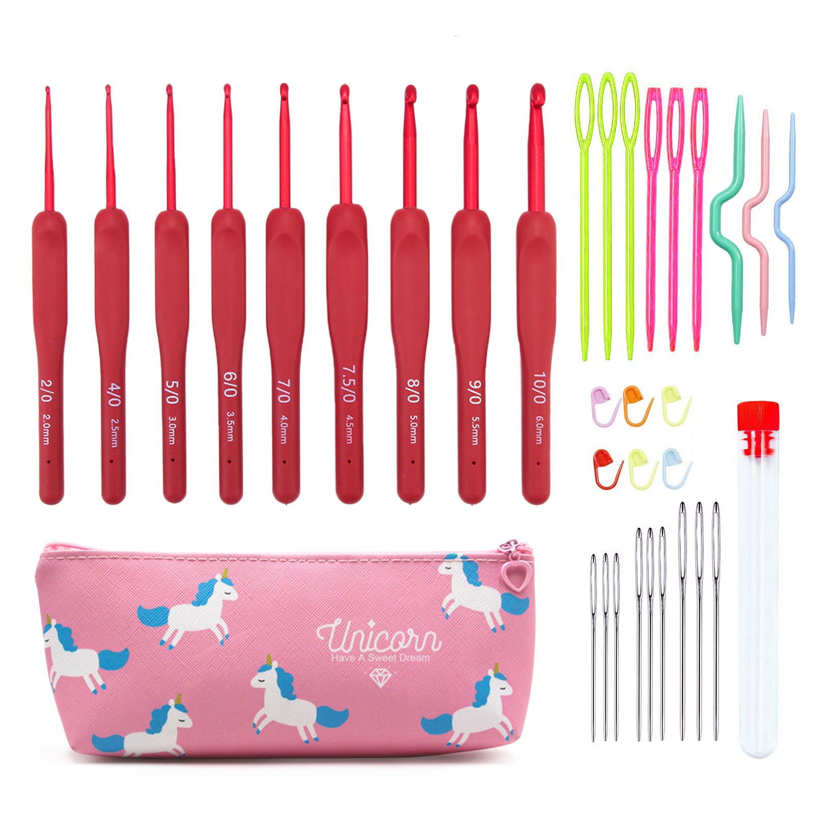 Crochet Hook Set - ชุดเข็มโครเชต์สีแดง 9/33 ชิ้น สำหรับเย็บเสื้อสเวตเตอร์ ด้ามจับสีแดง อุปกรณ์งานฝีมือ