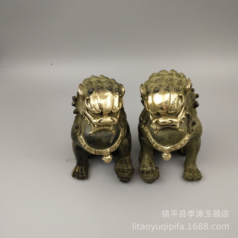 Art Craft Lion - ระฆังทองเหลืองสองหู, ของสะสมตกแต่ง, งานฝีมือตกแต่งบ้าน, ของตกแต่งรูปสิงโตคู่หนึ่ง